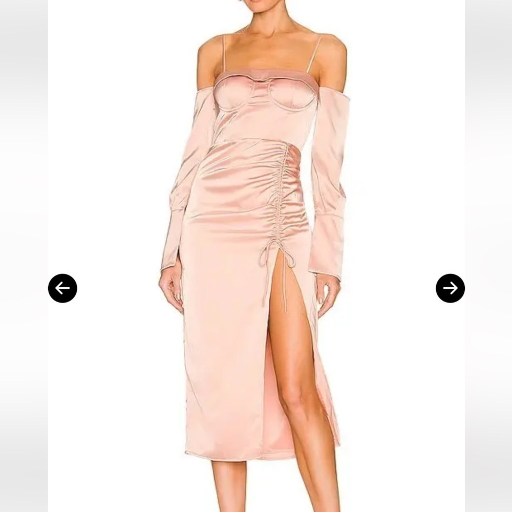 CAMILA COELHO Karin Side‎ Slit Off Shoulder Satin Midi Dress Pink Sz XS